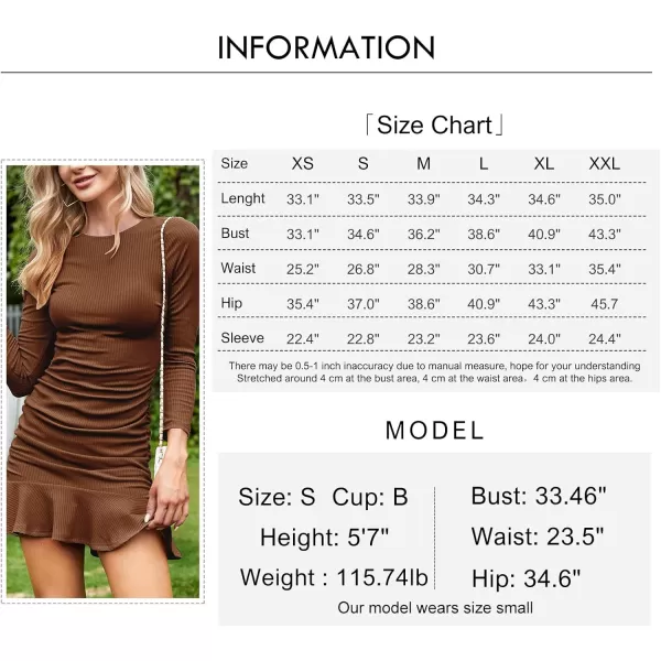 Byinns Women's 2024 Sexy Mini Dress Knit Ruched Long Sleeve Ruffle Bodycon Dress Club Date Night Cocktail Party Dresses
