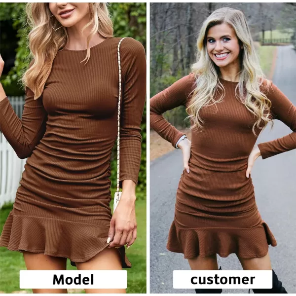 Byinns Women's 2024 Sexy Mini Dress Knit Ruched Long Sleeve Ruffle Bodycon Dress Club Date Night Cocktail Party Dresses
