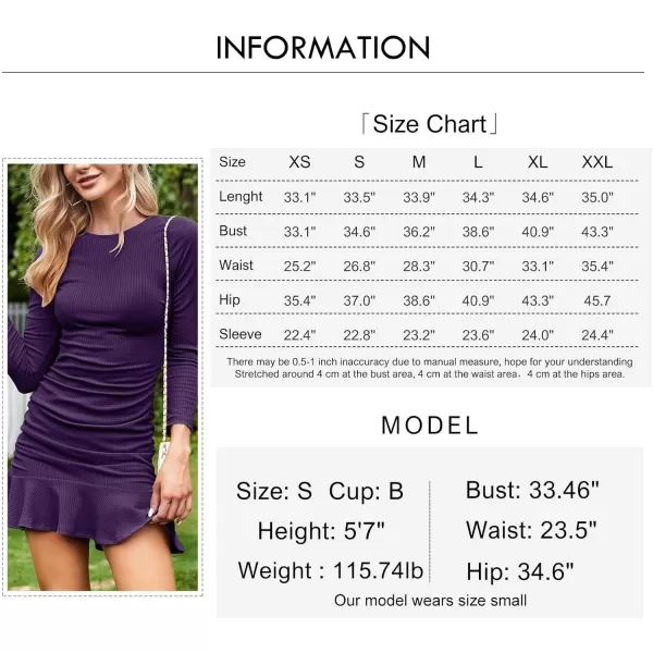 Byinns Women's 2024 Sexy Mini Dress Knit Ruched Long Sleeve Ruffle Bodycon Dress Club Date Night Cocktail Party Dresses