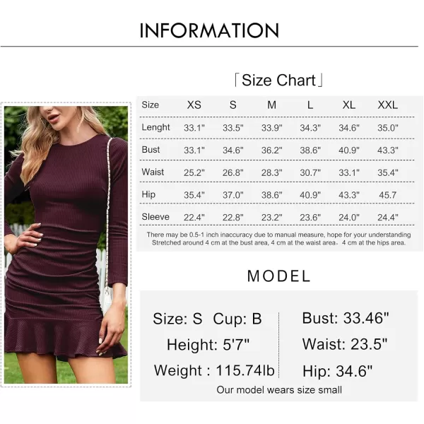 Byinns Women's 2024 Sexy Mini Dress Knit Ruched Long Sleeve Ruffle Bodycon Dress Club Date Night Cocktail Party Dresses
