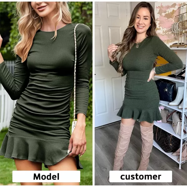 Byinns Women's 2024 Sexy Mini Dress Knit Ruched Long Sleeve Ruffle Bodycon Dress Club Date Night Cocktail Party Dresses