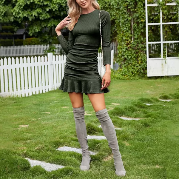 Byinns Women's 2024 Sexy Mini Dress Knit Ruched Long Sleeve Ruffle Bodycon Dress Club Date Night Cocktail Party Dresses