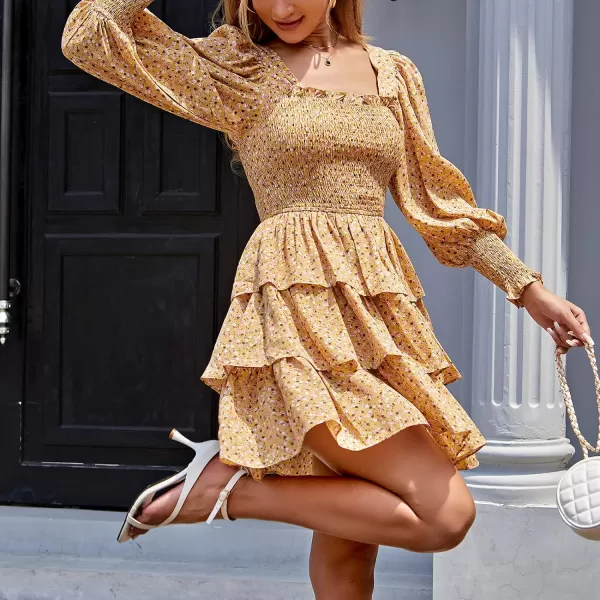Byinns Women's 2024 Square Neck Ruffle Dress Long Sleeve Floral Print Tiered Tie Back Layered Swing Mini Dress