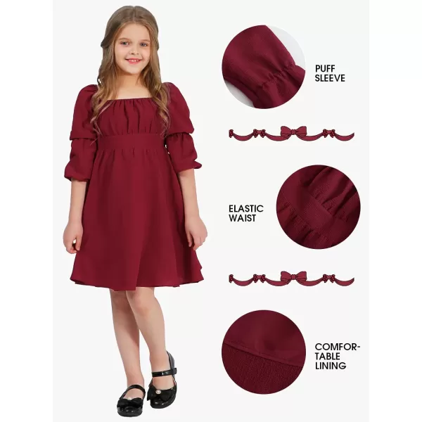 EXLURA Casual Long Puff Sleeve Girls Dresses Square Neck A Line Junior Teenage Kids Short Mini Dress Size 6-15 Years