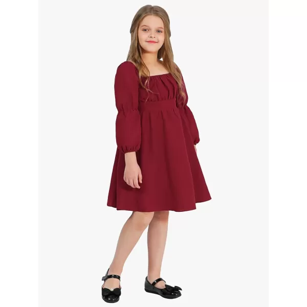EXLURA Casual Long Puff Sleeve Girls Dresses Square Neck A Line Junior Teenage Kids Short Mini Dress Size 6-15 Years
