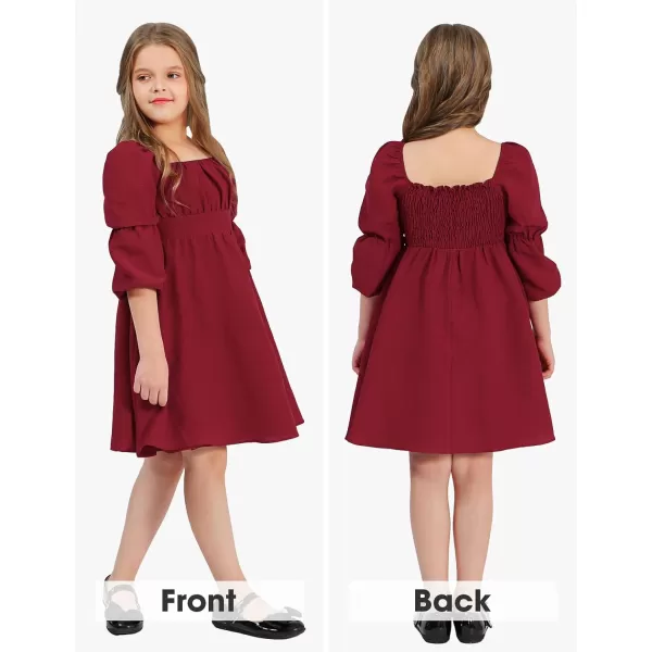 EXLURA Casual Long Puff Sleeve Girls Dresses Square Neck A Line Junior Teenage Kids Short Mini Dress Size 6-15 Years
