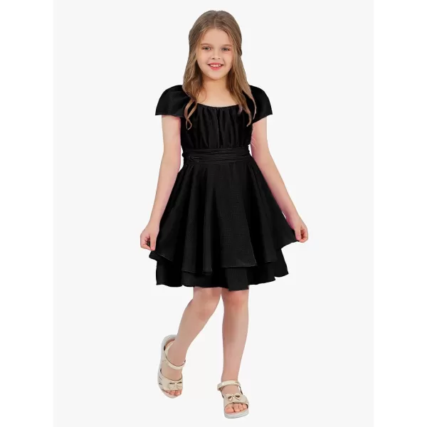 EXLURA Casual Short Cap Sleeve Girls Tie Back A Line Ruffle Hem Junior Teenage Kids Short Mini Dress Size 6-15 Years