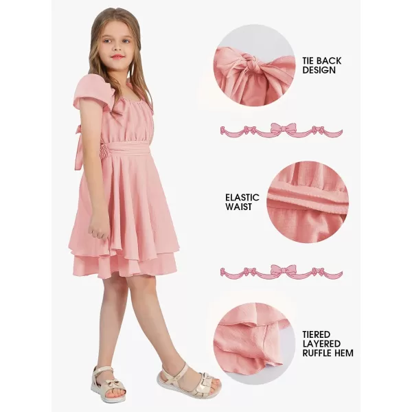 EXLURA Casual Short Cap Sleeve Girls Tie Back A Line Ruffle Hem Junior Teenage Kids Short Mini Dress Size 6-15 Years