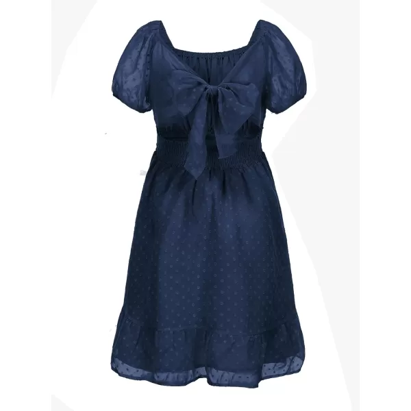 EXLURA Girls 2024 Summer Dress Square Neck Tie Back Puff Sleeve Ruffle Hem Off Shoulder A Line Casual Elegant Dresses 6-15Y