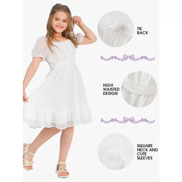 EXLURA Girls 2024 Summer Dress Square Neck Tie Back Puff Sleeve Ruffle Hem Off Shoulder A Line Casual Elegant Dresses 6-15Y