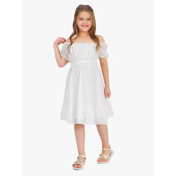 EXLURA Girls 2024 Summer Dress Square Neck Tie Back Puff Sleeve Ruffle Hem Off Shoulder A Line Casual Elegant Dresses 6-15Y