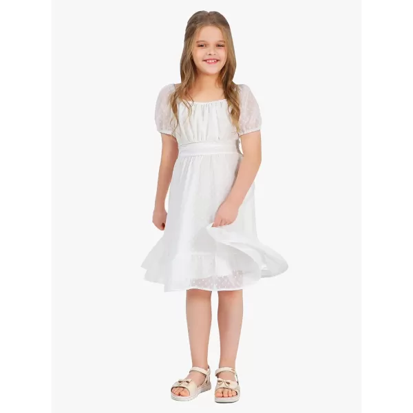 EXLURA Girls 2024 Summer Dress Square Neck Tie Back Puff Sleeve Ruffle Hem Off Shoulder A Line Casual Elegant Dresses 6-15Y