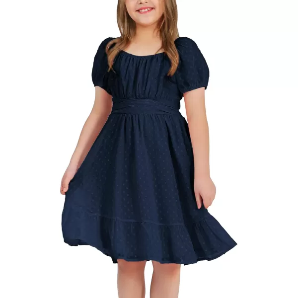 EXLURA Girls 2024 Summer Dress Square Neck Tie Back Puff Sleeve Ruffle Hem Off Shoulder A Line Casual Elegant Dresses 6-15Y