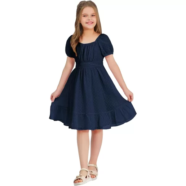 EXLURA Girls 2024 Summer Dress Square Neck Tie Back Puff Sleeve Ruffle Hem Off Shoulder A Line Casual Elegant Dresses 6-15Y