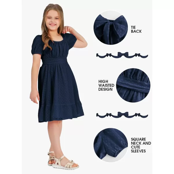 EXLURA Girls 2024 Summer Dress Square Neck Tie Back Puff Sleeve Ruffle Hem Off Shoulder A Line Casual Elegant Dresses 6-15Y