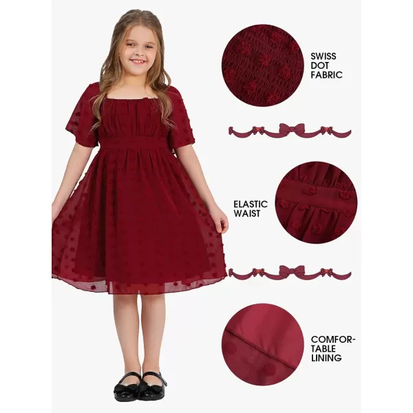 EXLURA Girls 2024 Summer Dresses Short Sleeve Swiss Dot Square Neck Flowy A Line Kids Dress Casual Party Midi Dress 6-15Y