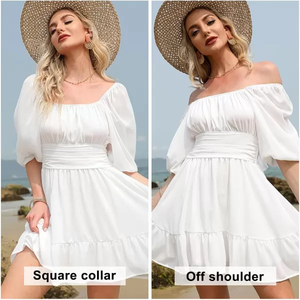 EXLURA Women's 2024 Casual Long Lantern Sleeve Dresses Square Neck Ruffle Tie Back Elastic Waist Aline Short Mini Dress