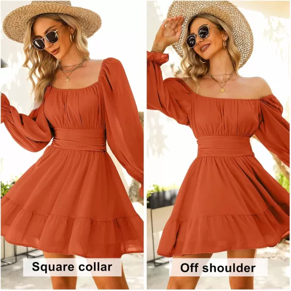 EXLURA Women's 2024 Casual Long Lantern Sleeve Dresses Square Neck Ruffle Tie Back Elastic Waist Aline Short Mini Dress