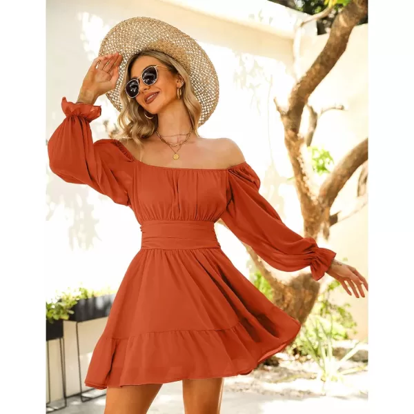EXLURA Women's 2024 Casual Long Lantern Sleeve Dresses Square Neck Ruffle Tie Back Elastic Waist Aline Short Mini Dress