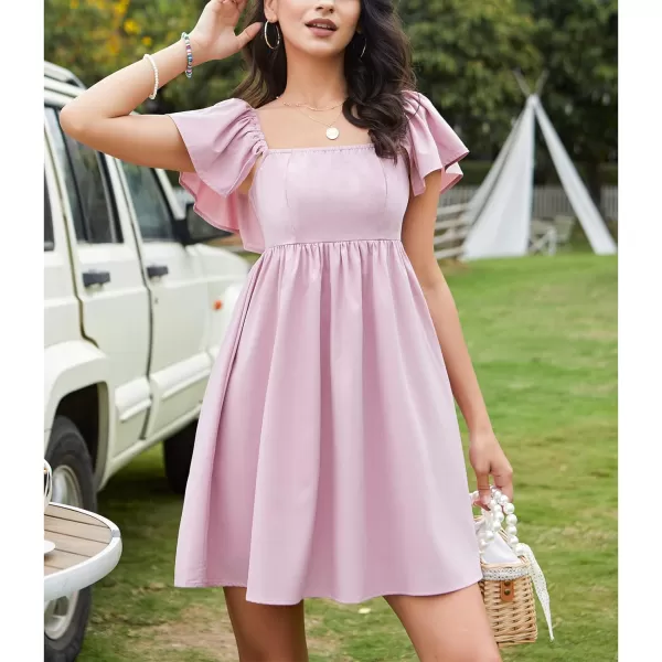 EXLURA Womens 2024 Casual Short Sleeve Square Neck Cap Sleeve Dress High Waist A-Line Summer Smocked Back Mini Dresses