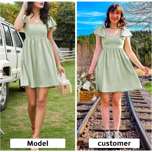 EXLURA Womens 2024 Casual Short Sleeve Square Neck Cap Sleeve Dress High Waist A-Line Summer Smocked Back Mini Dresses