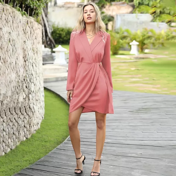 EXLURA Women's 2024 Long Sleeve Wrap V Neck Bodycon Formal Work Dress Ruched Cocktail Mini Dress Elegant Teacher Dresses