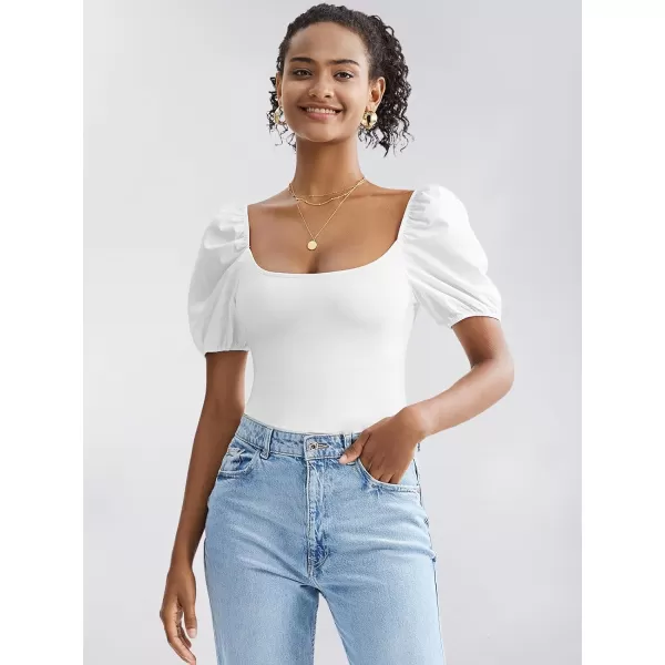 EXLURA Women's 2024 Square Neck Bodysuits Short Puff Sleeve Backless Shapewear Casual T Shirt Bodysuit Shirts Tops