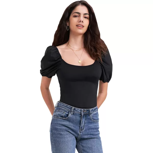 EXLURA Women's 2024 Square Neck Bodysuits Short Puff Sleeve Backless Shapewear Casual T Shirt Bodysuit Shirts Tops
