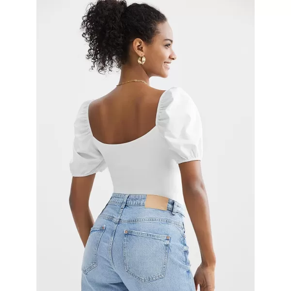 EXLURA Women's 2024 Square Neck Bodysuits Short Puff Sleeve Backless Shapewear Casual T Shirt Bodysuit Shirts Tops