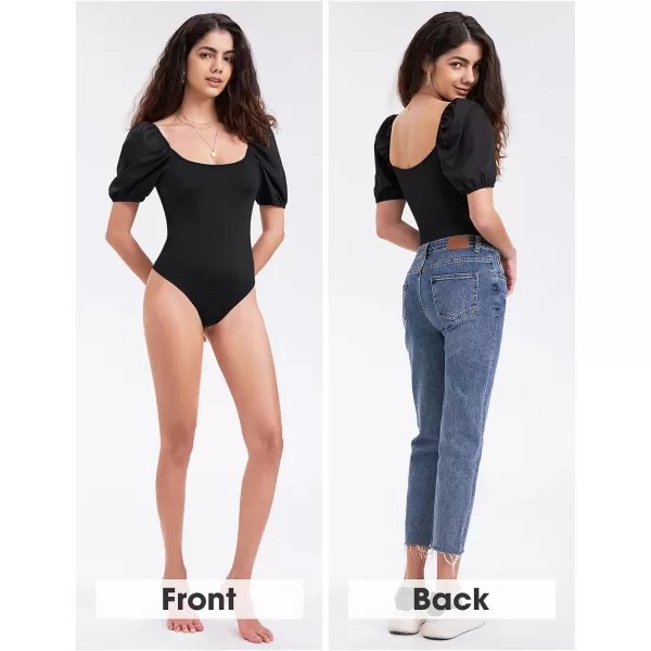 EXLURA Women's 2024 Square Neck Bodysuits Short Puff Sleeve Backless Shapewear Casual T Shirt Bodysuit Shirts Tops
