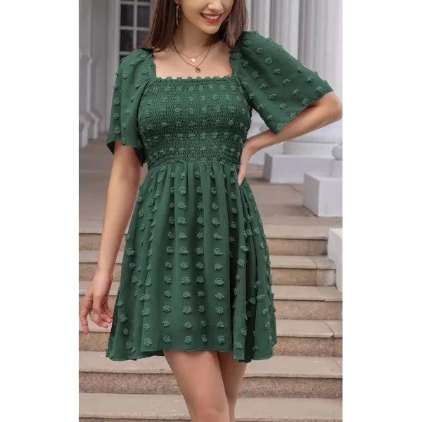EXLURA Women's 2024 Summer Casual Ruffle Short Sleeve Swiss Dot Mini Dress Smocked Square Neck Flowy Sundress