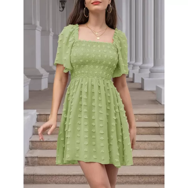 EXLURA Women's 2024 Summer Casual Ruffle Short Sleeve Swiss Dot Mini Dress Smocked Square Neck Flowy Sundress