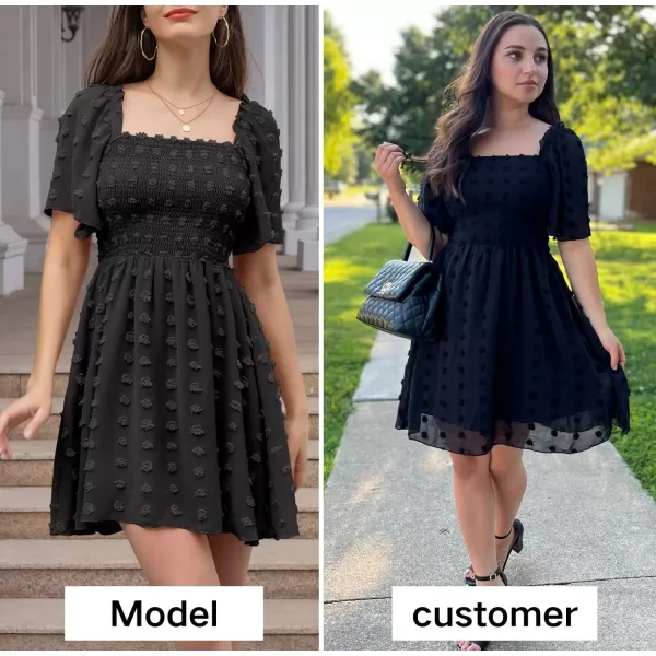 EXLURA Women's 2024 Summer Casual Ruffle Short Sleeve Swiss Dot Mini Dress Smocked Square Neck Flowy Sundress
