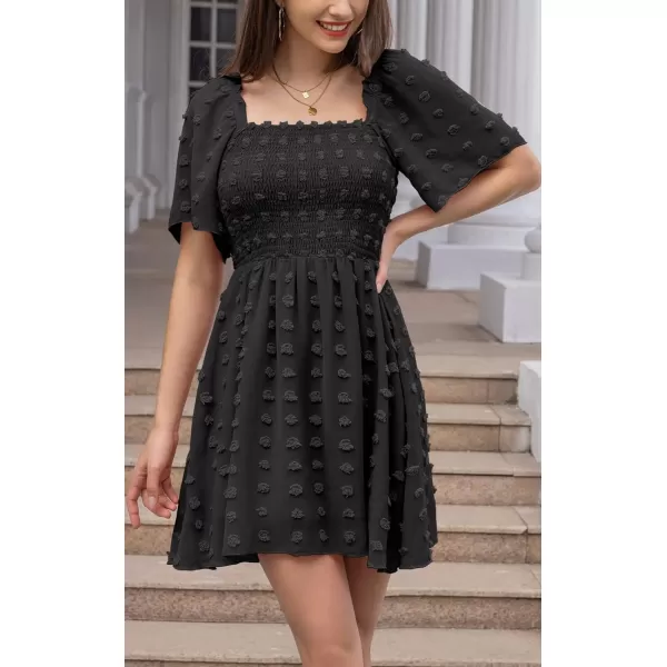 EXLURA Women's 2024 Summer Casual Ruffle Short Sleeve Swiss Dot Mini Dress Smocked Square Neck Flowy Sundress