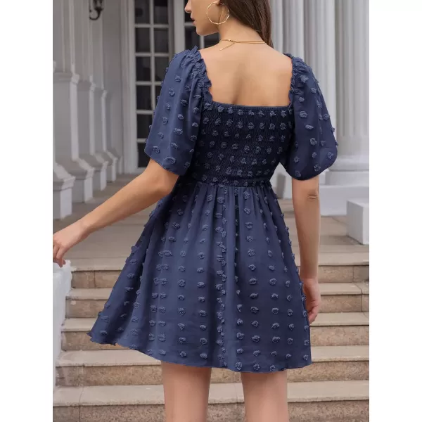 EXLURA Women's 2024 Summer Casual Ruffle Short Sleeve Swiss Dot Mini Dress Smocked Square Neck Flowy Sundress