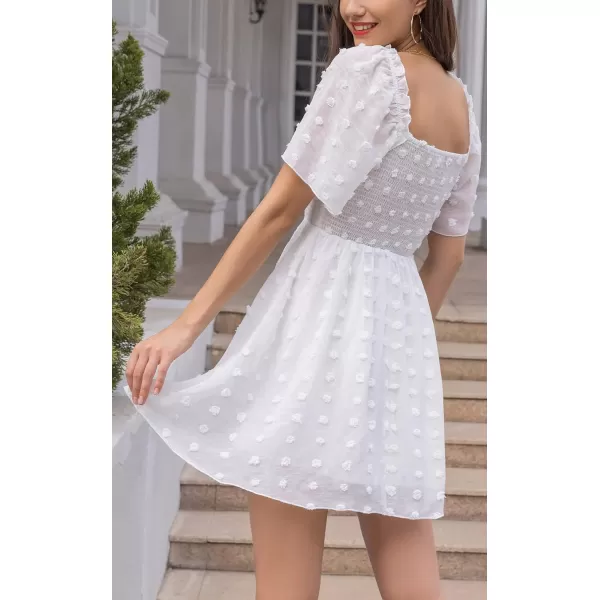 EXLURA Women's 2024 Summer Casual Ruffle Short Sleeve Swiss Dot Mini Dress Smocked Square Neck Flowy Sundress