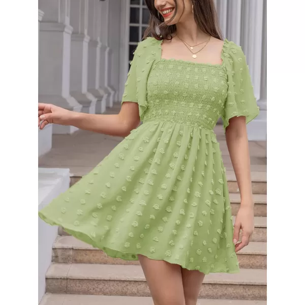 EXLURA Women's 2024 Summer Casual Ruffle Short Sleeve Swiss Dot Mini Dress Smocked Square Neck Flowy Sundress