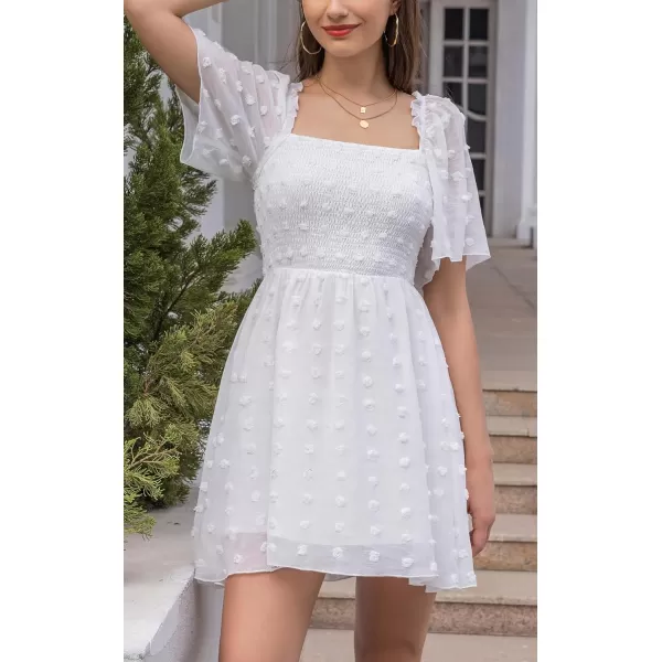 EXLURA Women's 2024 Summer Casual Ruffle Short Sleeve Swiss Dot Mini Dress Smocked Square Neck Flowy Sundress