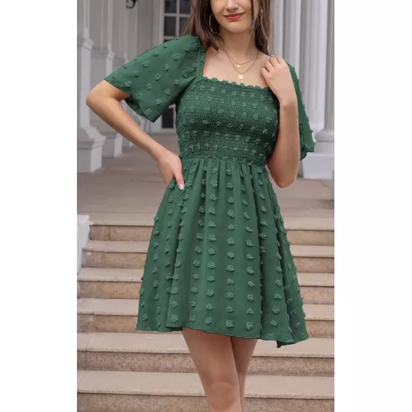 EXLURA Women's 2024 Summer Casual Ruffle Short Sleeve Swiss Dot Mini Dress Smocked Square Neck Flowy Sundress