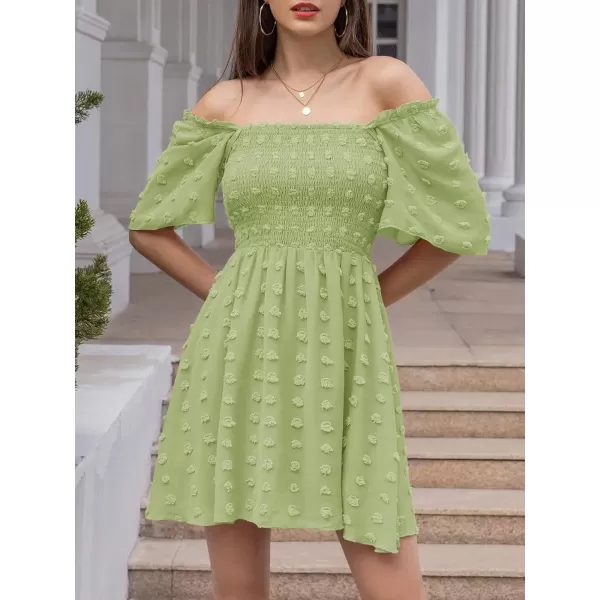 EXLURA Women's 2024 Summer Casual Ruffle Short Sleeve Swiss Dot Mini Dress Smocked Square Neck Flowy Sundress
