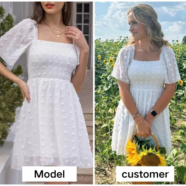 EXLURA Women's 2024 Summer Casual Ruffle Short Sleeve Swiss Dot Mini Dress Smocked Square Neck Flowy Sundress