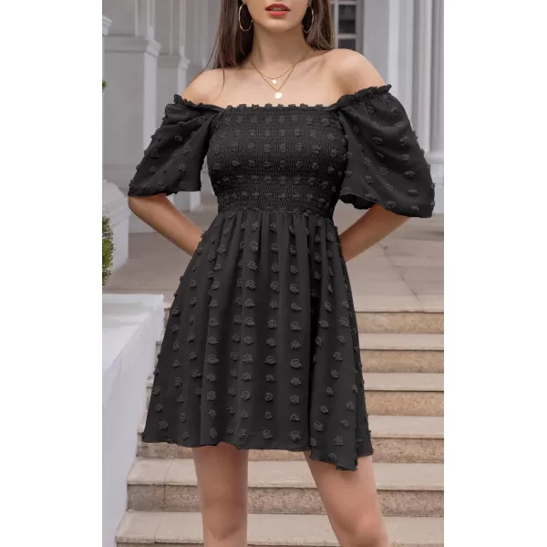 EXLURA Women's 2024 Summer Casual Ruffle Short Sleeve Swiss Dot Mini Dress Smocked Square Neck Flowy Sundress
