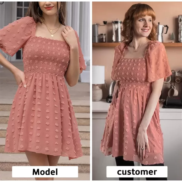 EXLURA Women's 2024 Summer Casual Ruffle Short Sleeve Swiss Dot Mini Dress Smocked Square Neck Flowy Sundress