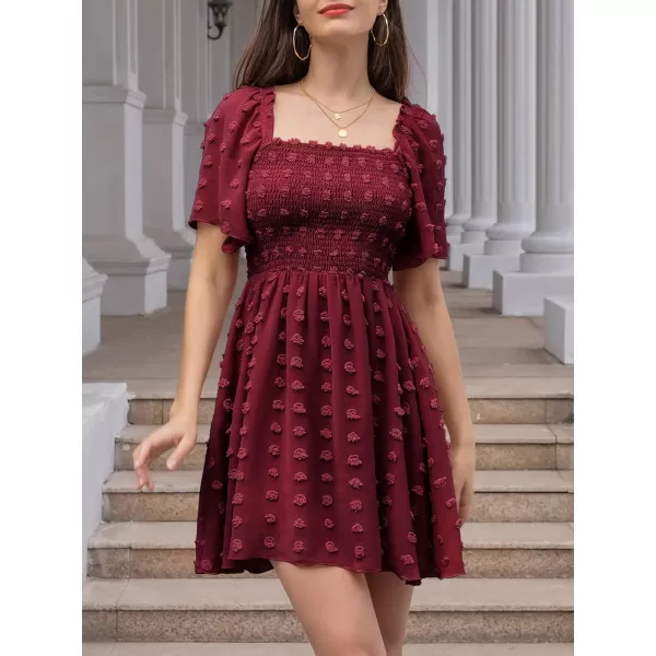 EXLURA Women's 2024 Summer Casual Ruffle Short Sleeve Swiss Dot Mini Dress Smocked Square Neck Flowy Sundress