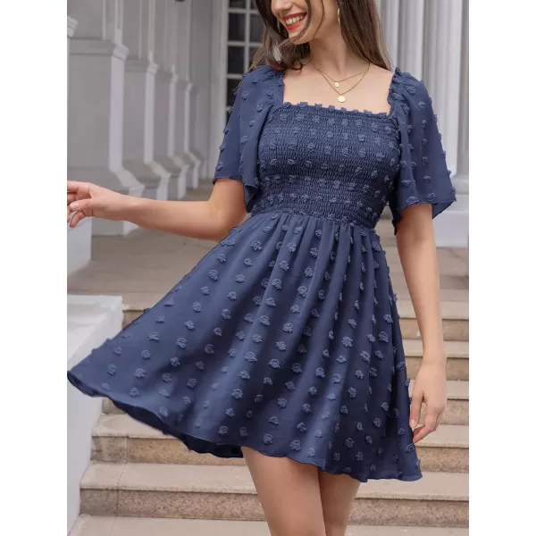 EXLURA Women's 2024 Summer Casual Ruffle Short Sleeve Swiss Dot Mini Dress Smocked Square Neck Flowy Sundress