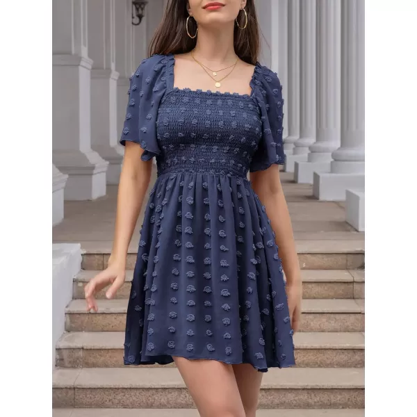 EXLURA Women's 2024 Summer Casual Ruffle Short Sleeve Swiss Dot Mini Dress Smocked Square Neck Flowy Sundress