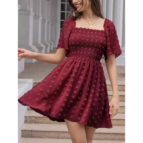 EXLURA Women's 2024 Summer Casual Ruffle Short Sleeve Swiss Dot Mini Dress Smocked Square Neck Flowy Sundress
