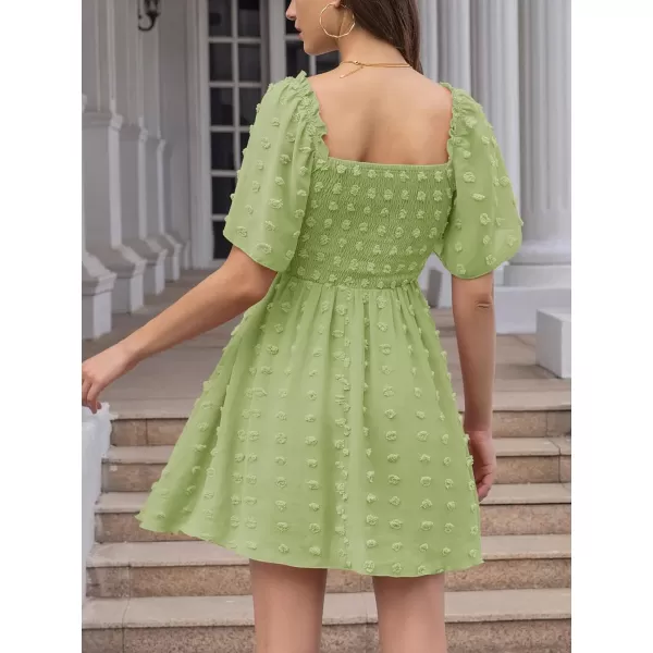 EXLURA Women's 2024 Summer Casual Ruffle Short Sleeve Swiss Dot Mini Dress Smocked Square Neck Flowy Sundress