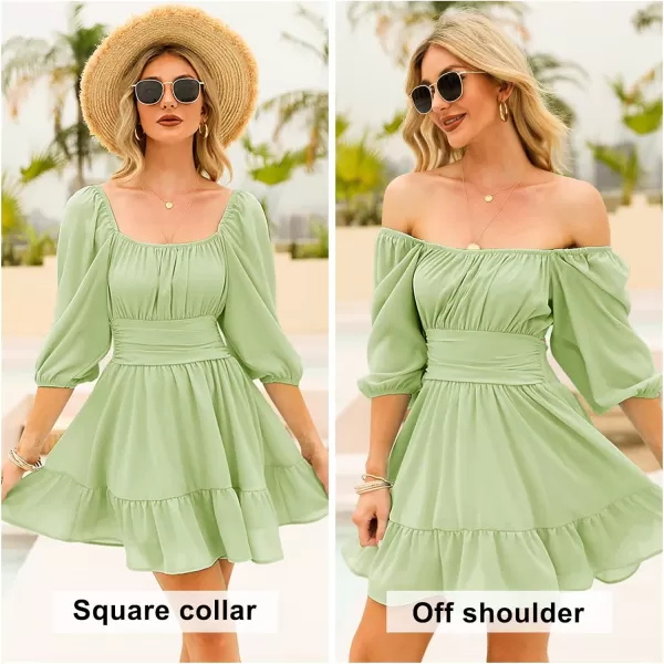 EXLURA Women's 2024 Summer Lantern Short Sleeve Tie Back Casual Dresses Square Neck Off Shoulder A-Line Vintage Mini Dress