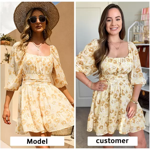 EXLURA Women's 2024 Summer Lantern Short Sleeve Tie Back Casual Dresses Square Neck Off Shoulder A-Line Vintage Mini Dress
